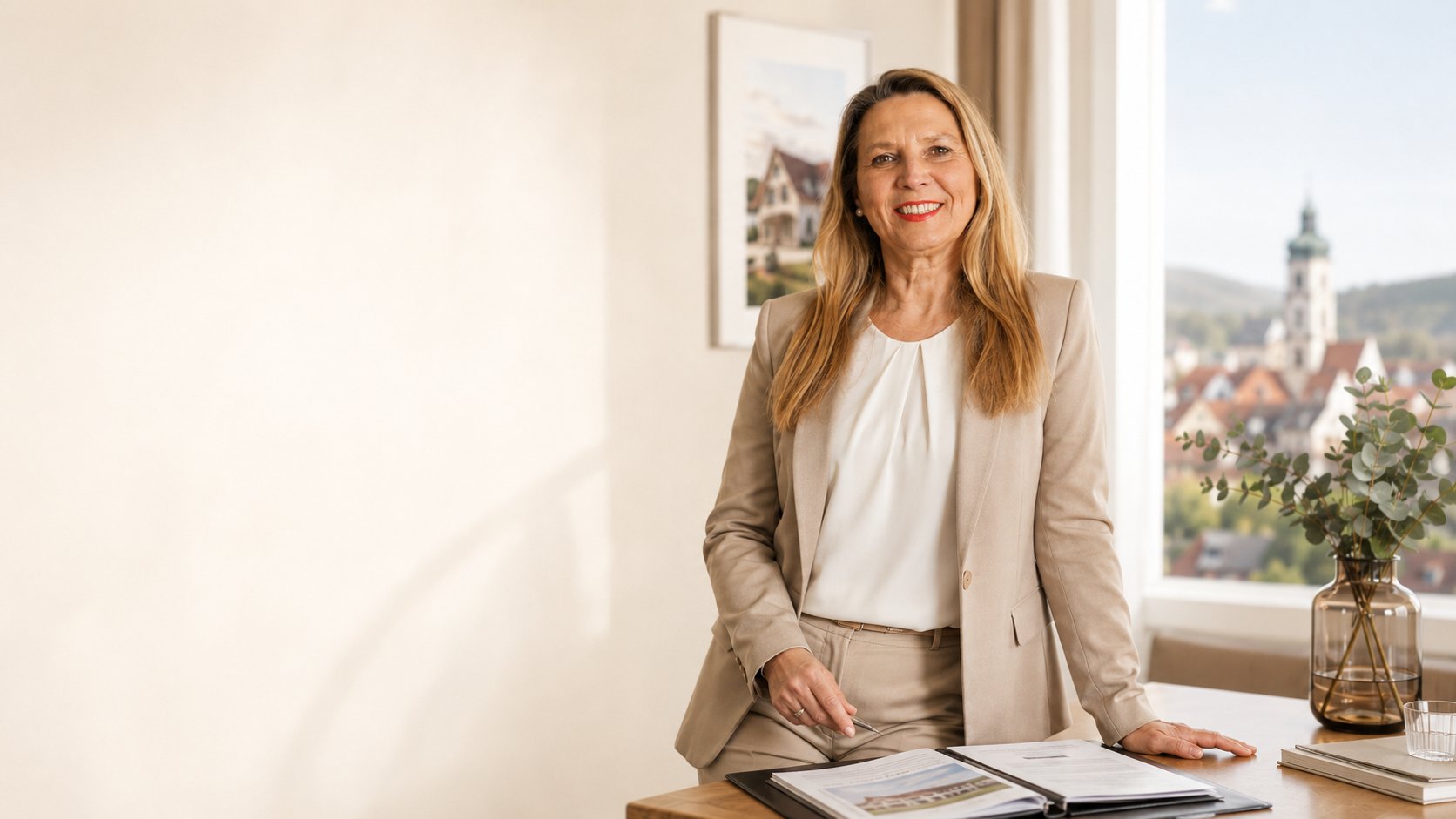 Cornelia Schneider, Inhaberin von Schneider Immobilien, im Büro mit Blick über Kirchheim unter Teck