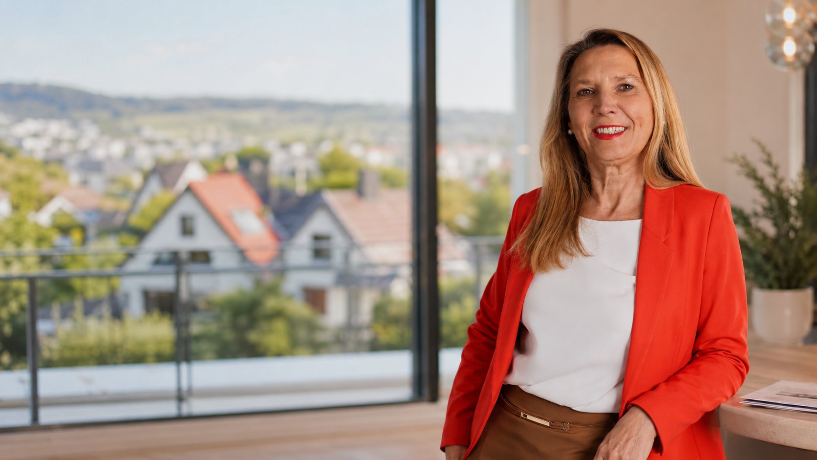 Cornelia Schneider, Inhaberin von Schneider Immobilien, im Büro mit Blick über die Region Kirchheim unter Teck